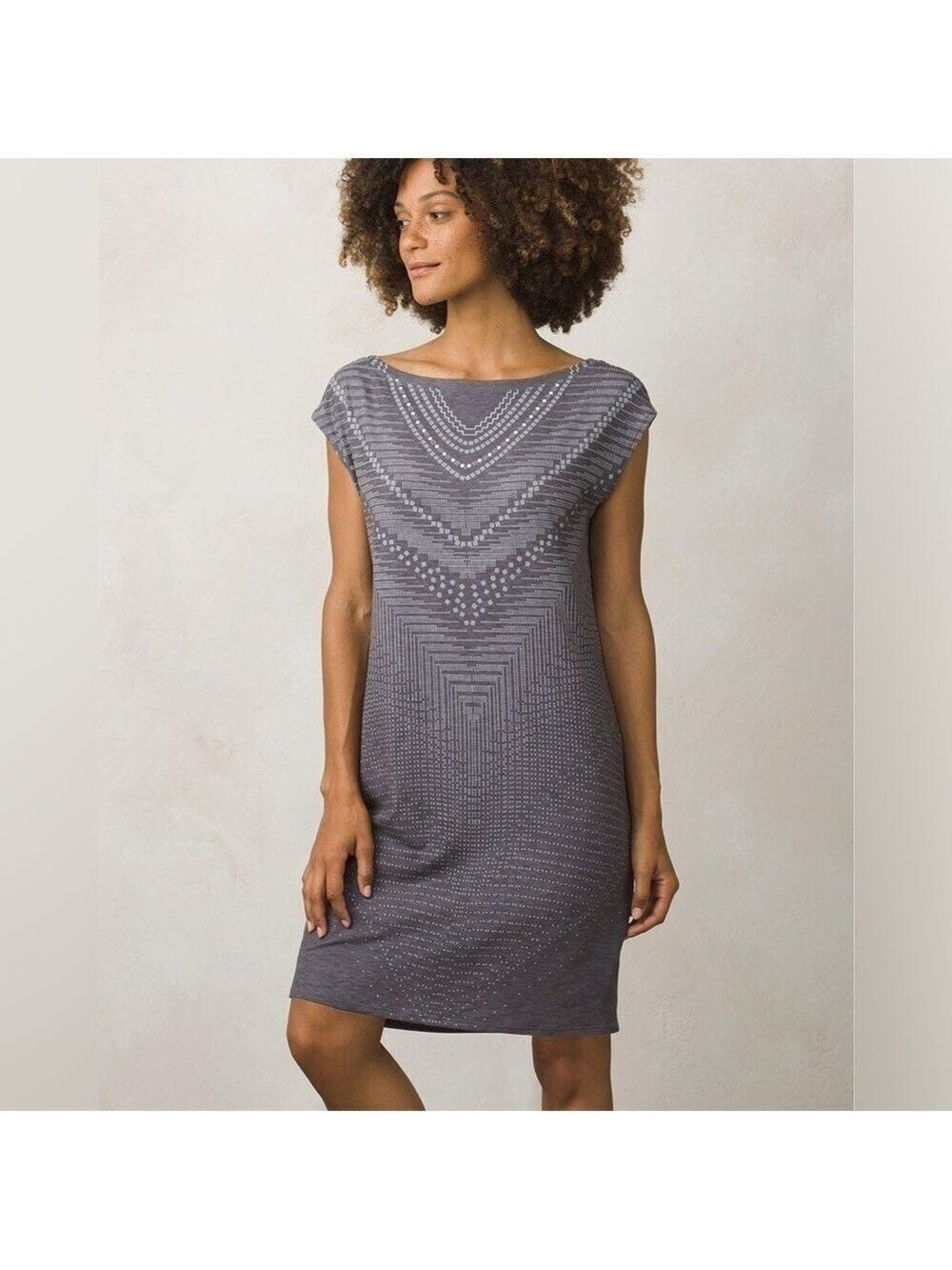 prAna Sanna Dress Grey Synergy Soft Geometric Boat Neck Cap Sleeves, size XS